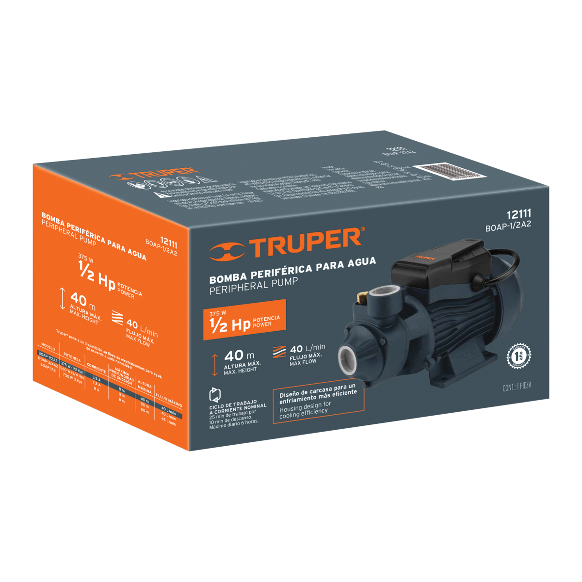 Bomba periferica 1/2 HP, altura maxima 40 m, Truper - Imagen 6