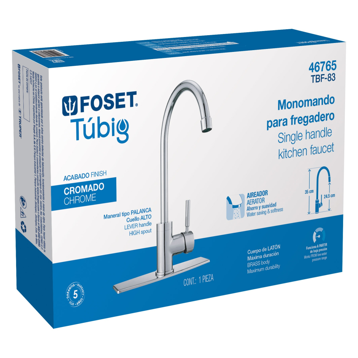 Monomando para fregadero con cuello alto cromo Foset - Imagen 5